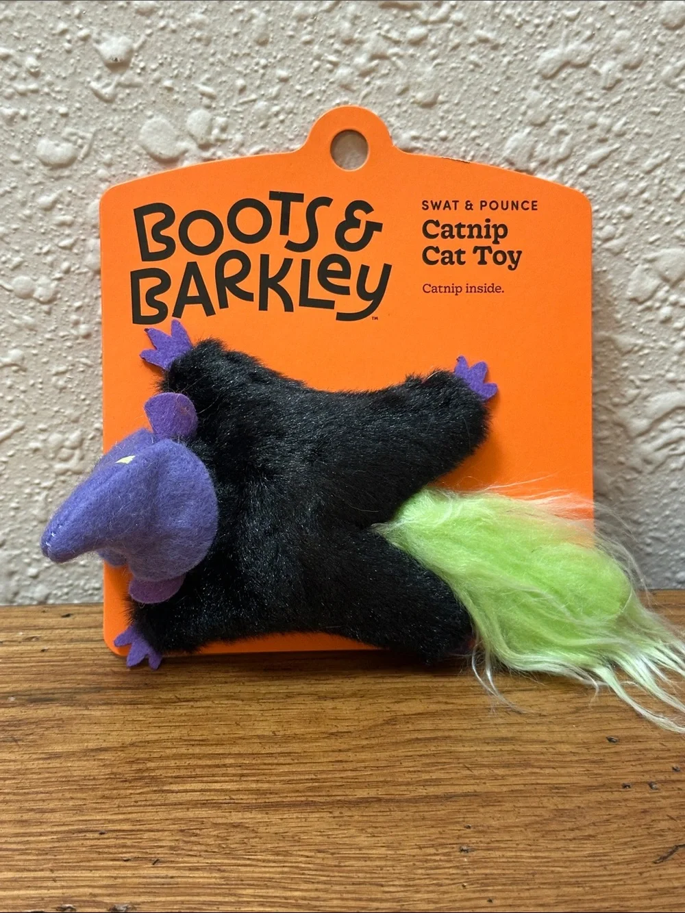 Boots & Barkley Black Plush Flying Squirrel Cat Toy - Purple Hat and Green Tail